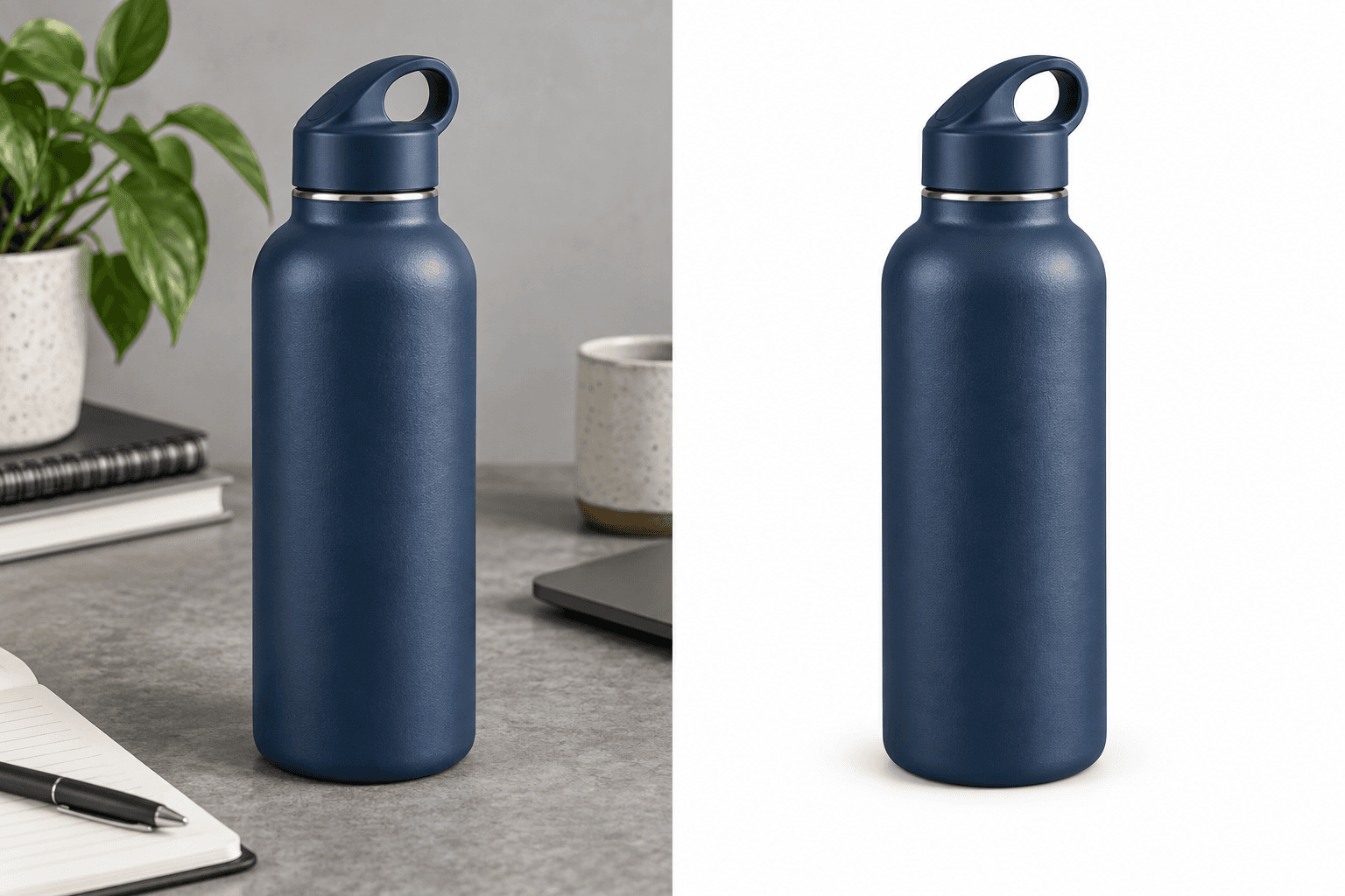 Blaue Flasche auf einem Arbeitstisch, danach auf Weiß freigestellt.