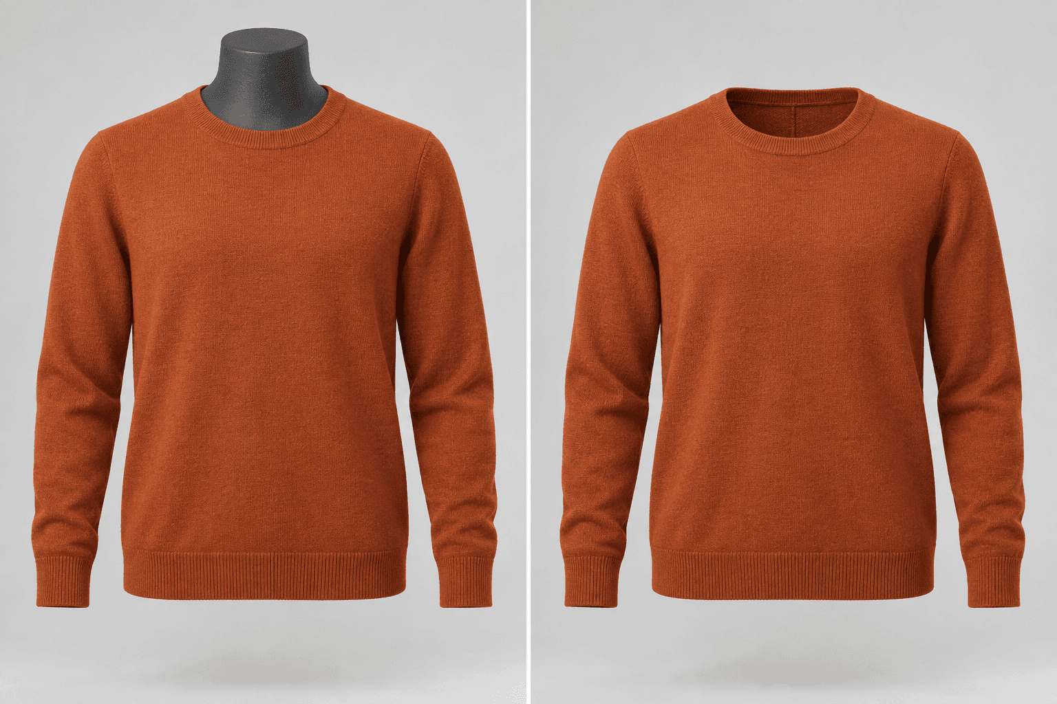 Oranger Pullover auf einer Schaufensterpuppe, danach ohne sichtbare Puppe.